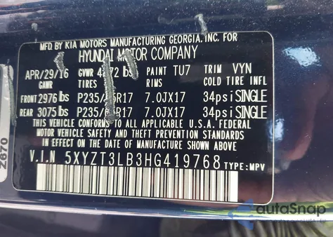 2017 Hyundai Santa Fe Sport 2.4L from USA, damaged, VIN 5XYZT3LB3HG419768